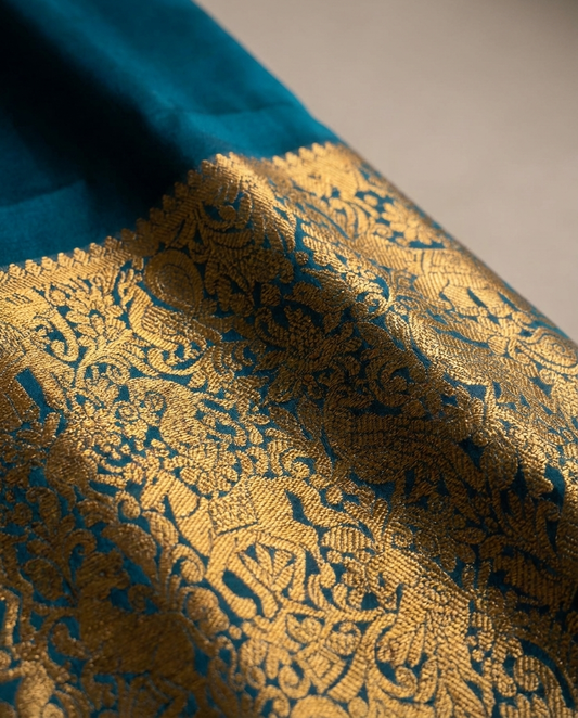 Teal Gold Brocade Border Saree fabric detail