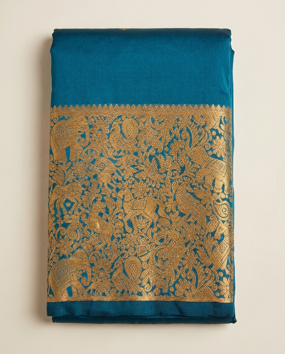 Teal Gold Brocade Border Saree folded view