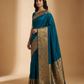 Teal Gold Brocade Border Saree worn by model