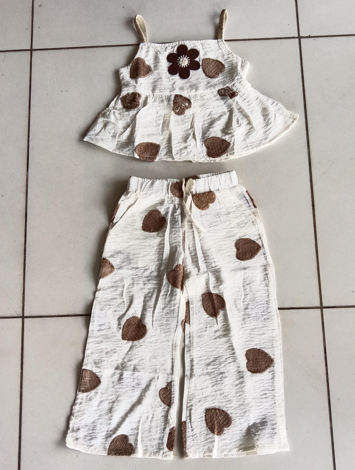 White Brown Heart Top Pant Set