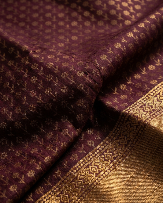 Wine Gold Floral Brocade Saree fabric detail