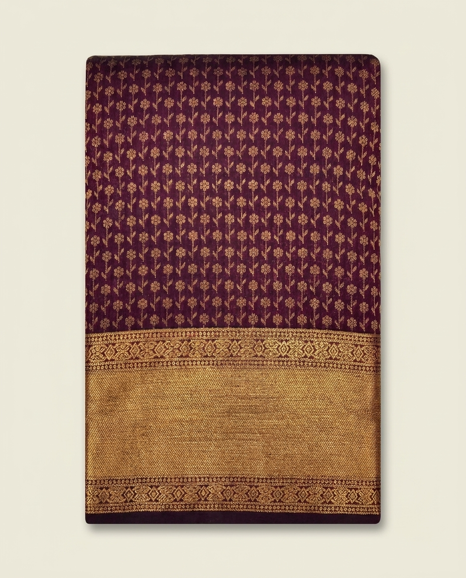 Wine Gold Floral Brocade Saree folded view