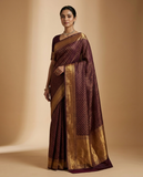 Wine Gold Floral Brocade Saree worn by model